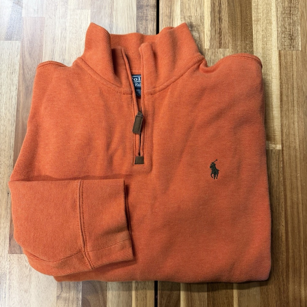 VINTAGE POLO RALPH LAUREN 1/4 ZIP PULLOVER SWEATER ORANGE MENS Large